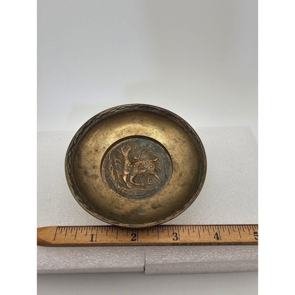 Vintage Brass Trinket Dish Korea Embossed Deer Stag Small Decorative Bowl Patina